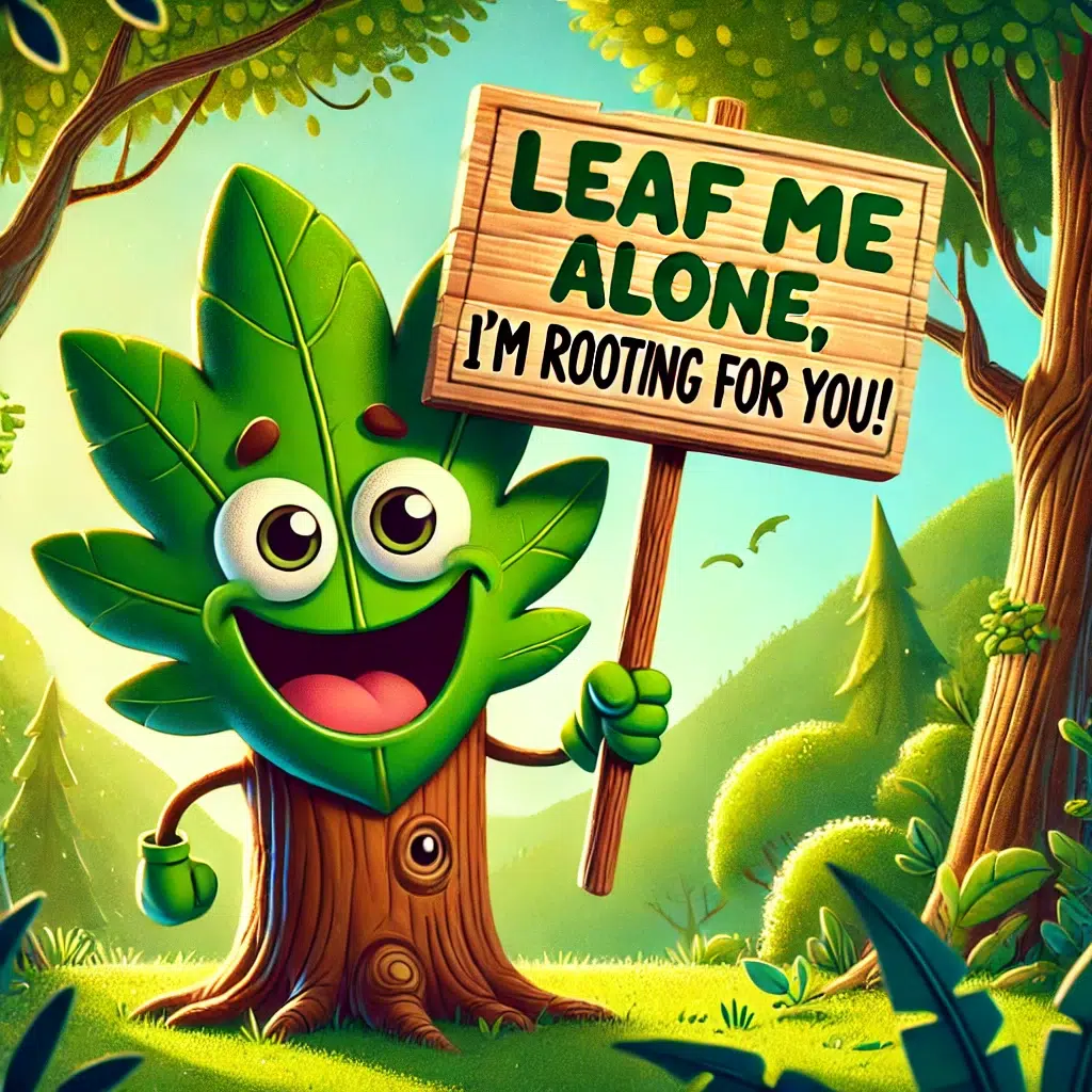 A playful and vibrant illustration of a tree with a humorous tree pun personality, featuring expressive eyes and a wide smile, standing in a lush forest settin