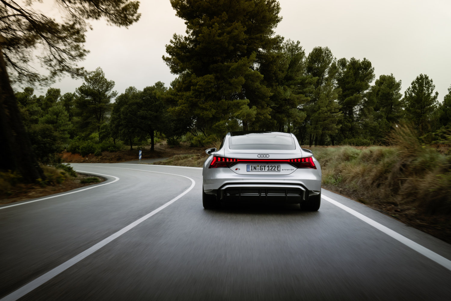 The RS e-tron GT rear view driving on a scenic winding road