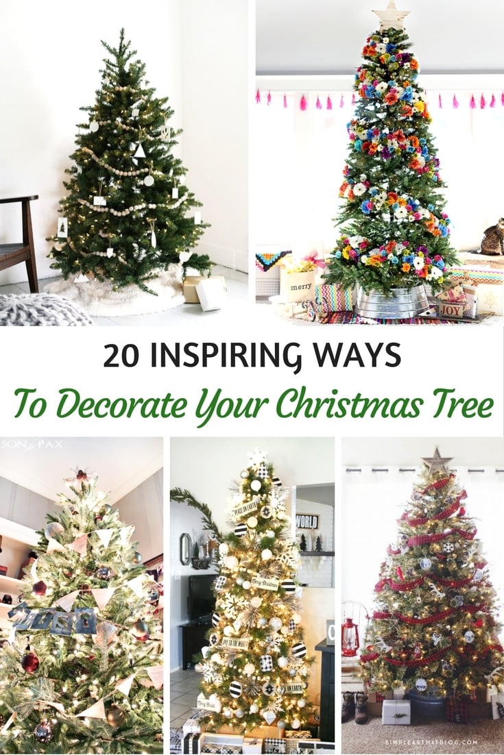 Collage of five beautifully decorated Christmas trees, showcasing 20 inspiring ways to decorate your Christmas tree, featuring minimalist, floral, colorful, glittery, and West Coast-themed designs for the holiday season.