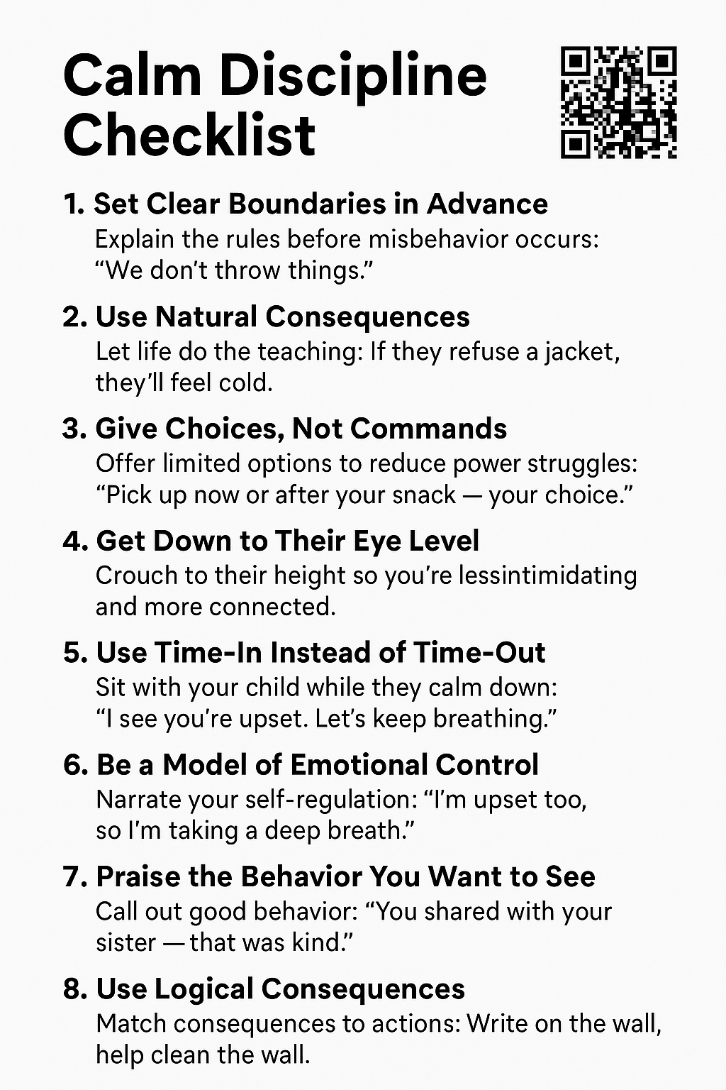 Calm Discipline Checklist for dads with 8 steps: rules, natural/logical consequences, choices, time-in, praise.
