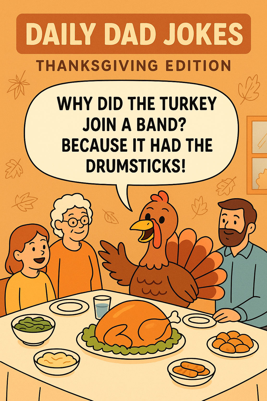 Cartoon Thanksgiving scene with a talking turkey at the dinner table saying, ‘Why did the turkey join a band? Because it had the drumsticks!’ — Daily Dad Jokes Thanksgiving Edition.