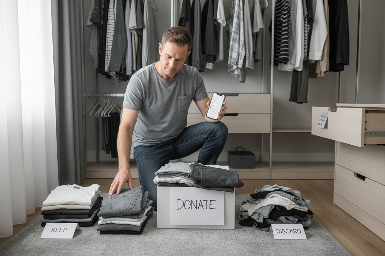 Man organizing clothes into keep, donate, and discard piles in a closet while holding a smartphone