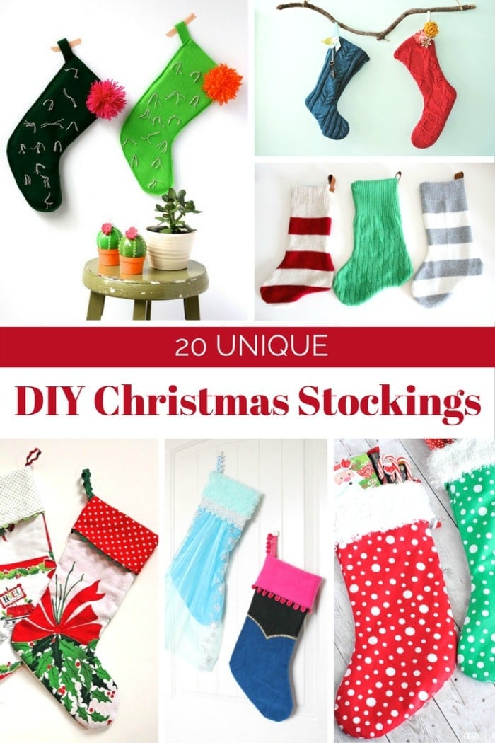 Collage of 20 unique DIY Christmas stockings, including cactus-themed stockings, upcycled sweater stockings, plaid flannel stockings, and colorful polka dot stockings, showcasing creative and personalized designs for holiday decor using different Christmas stocking patterns and DIY stocking techniques.