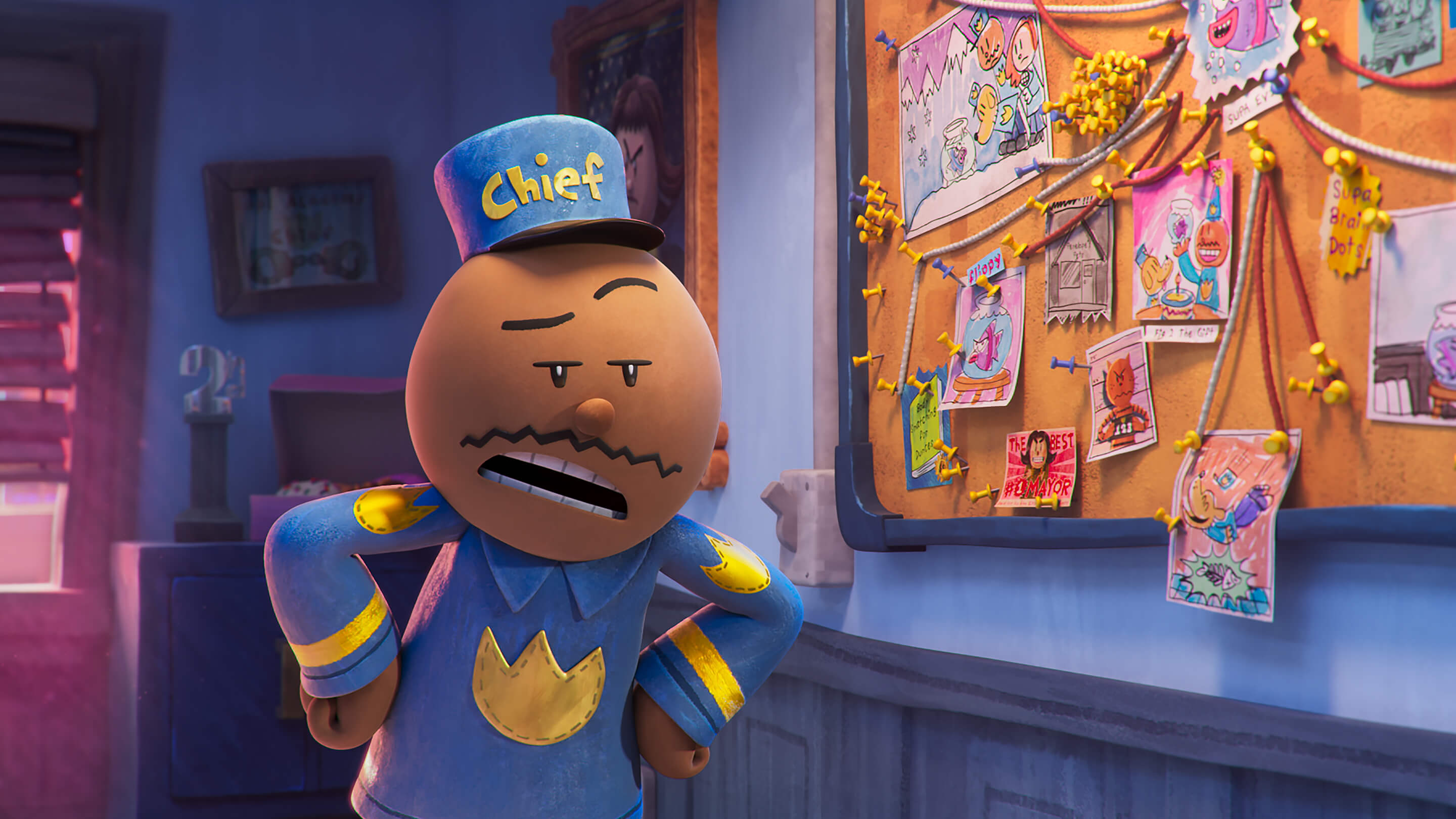 Chief, a police officer with a stern mustache, stands in front of a crime investigation board filled with colorful notes and pictures, looking unimpressed.