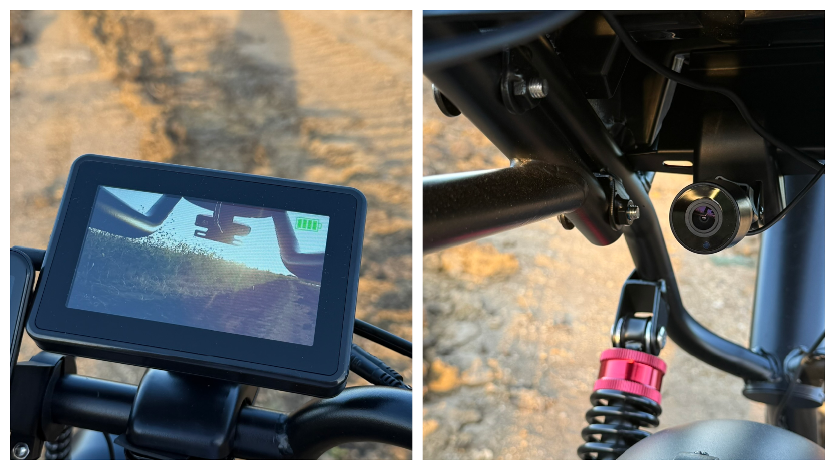 Handlebar monitor showing the e-bike’s rear-view camera; camera mounted under the seat.