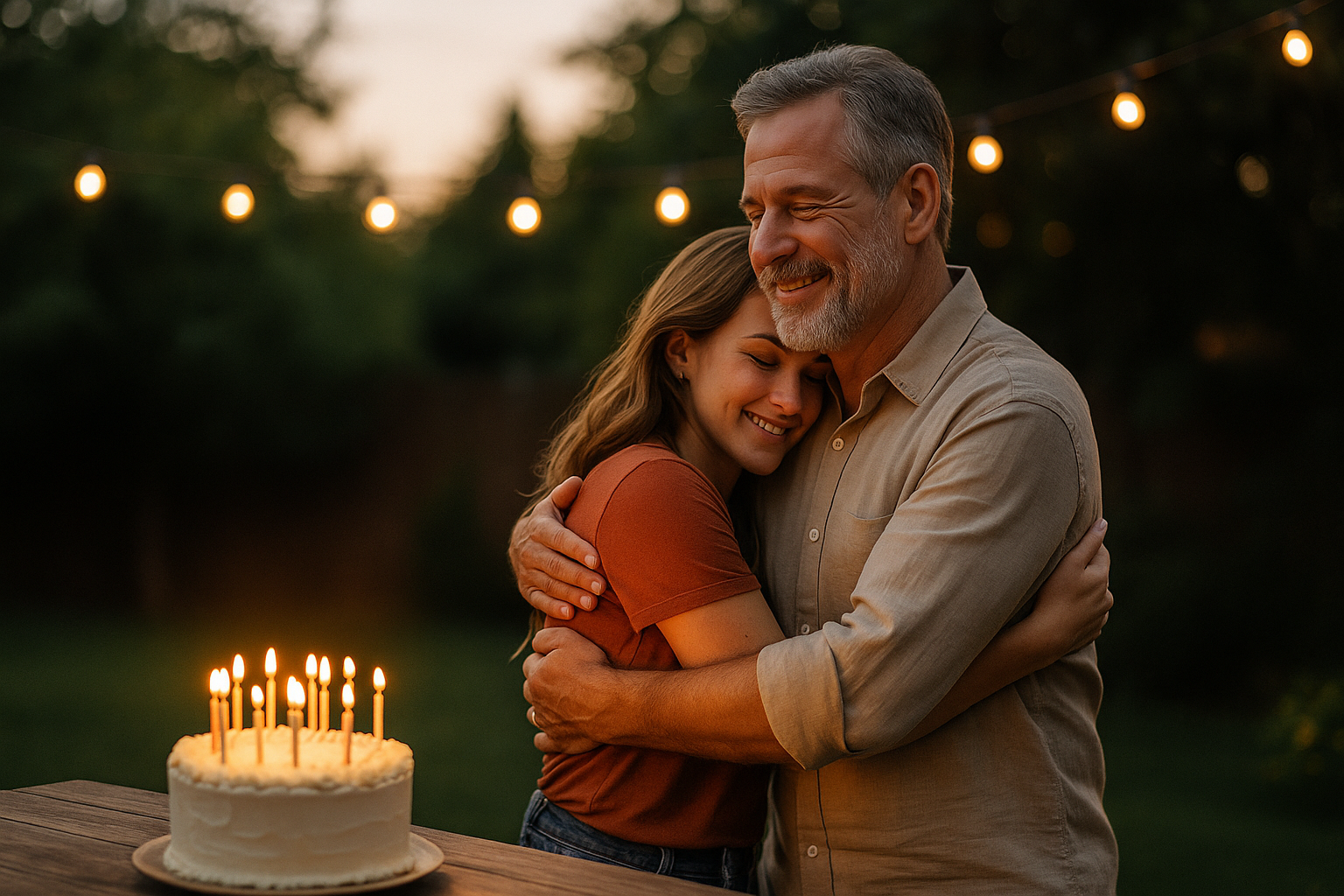 Adult daughter hugs her dad beside a candlelit birthday cake in a backyard at dusk under string lights.