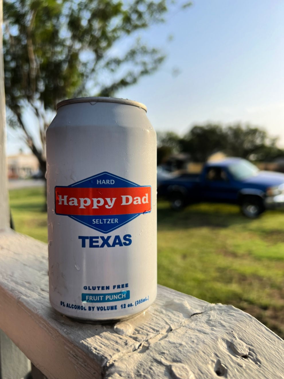 A can of Happy Dad Texas Seltzer, Fruit Punch flavor, resting on a wooden railing outdoors. The background features a grassy area with trees and a parked truck, suggesting a casual, outdoor setting.