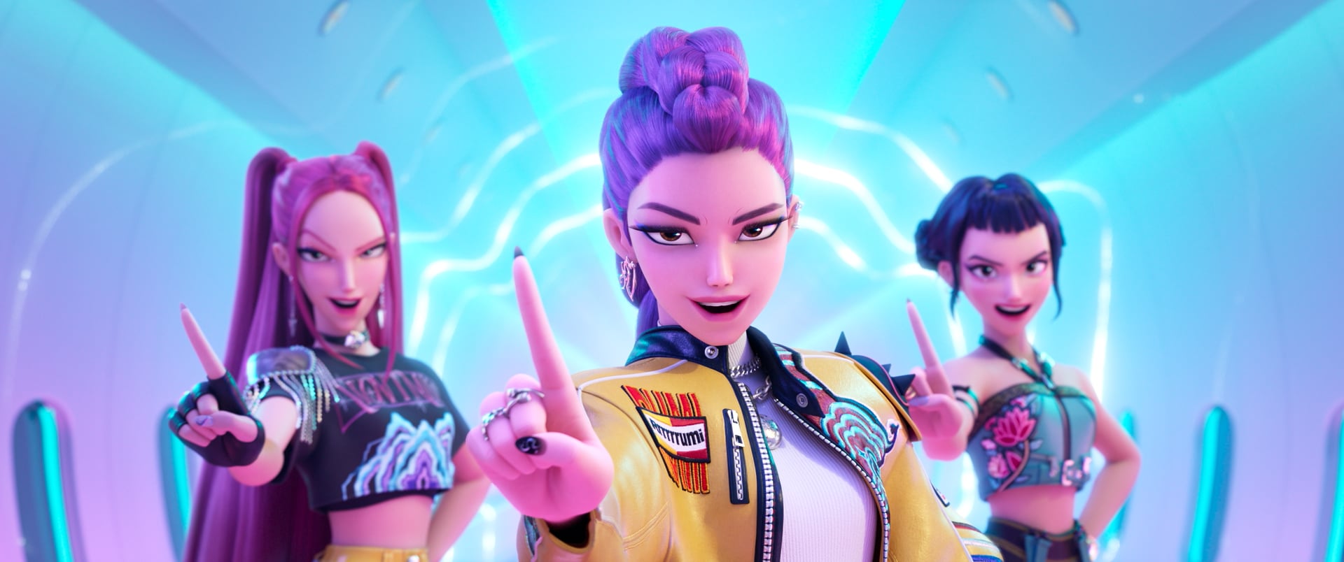 Rumi points forward while leading her Huntr/X teammates during a neon-lit K-pop performance.