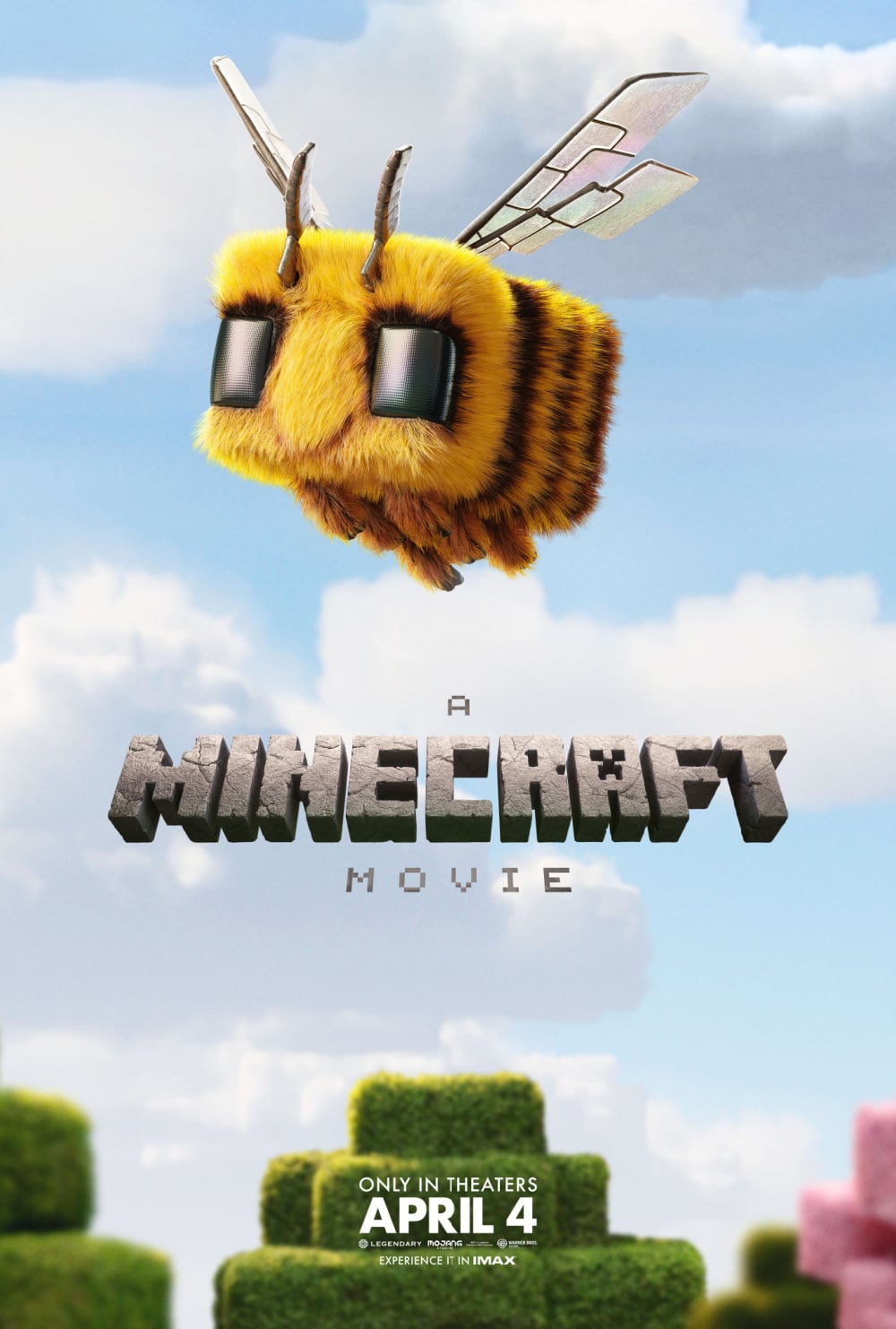 A fuzzy, flying Minecraft bee with large black eyes hovers against a bright blue sky. The movie title "A Minecraft Movie" is displayed below, along with the release date "April 4." 
