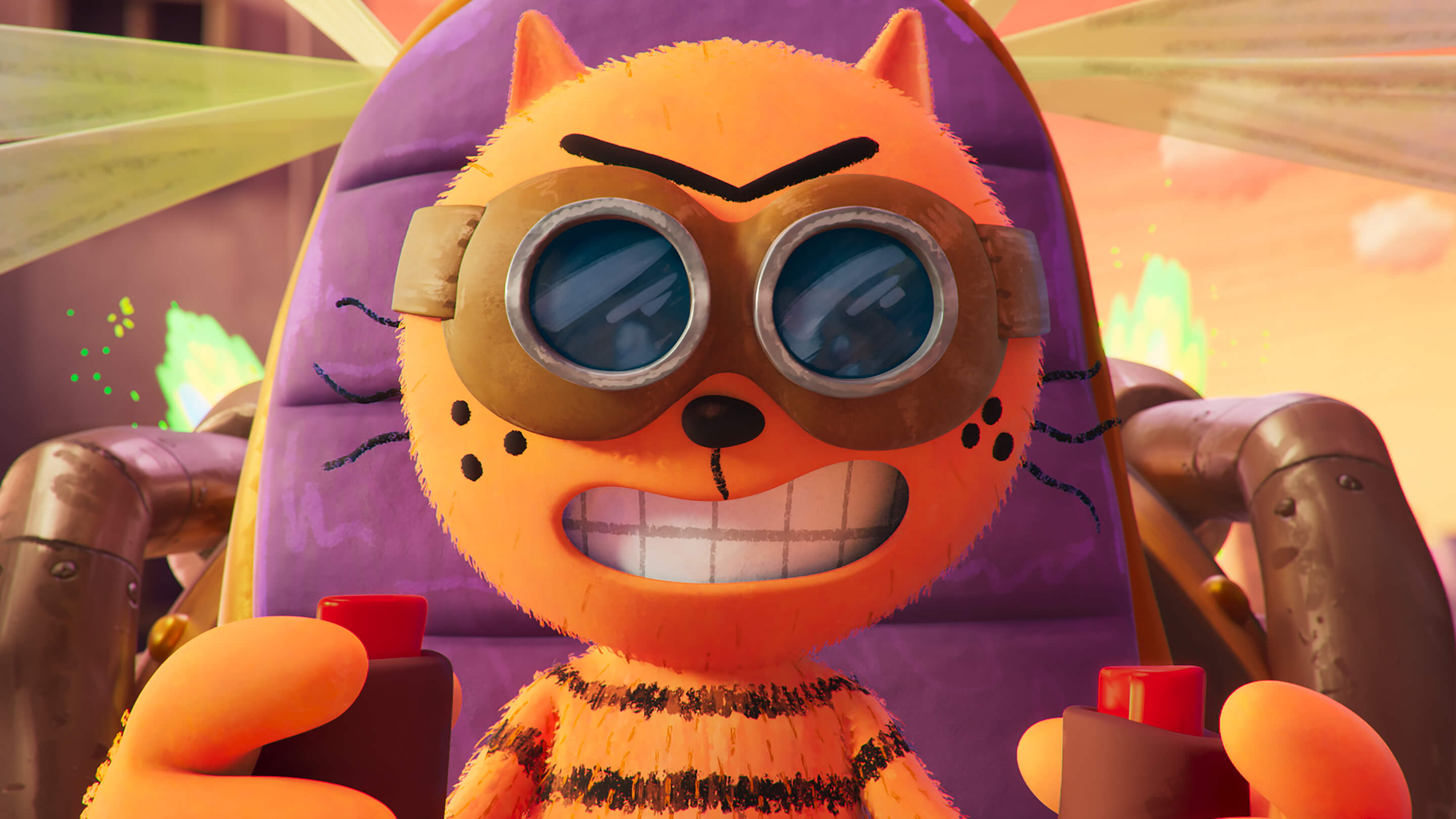 Petey the Cat, an orange striped feline villain with oversized goggles, sits in a high-tech chair, gripping two control sticks with a mischievous grin.