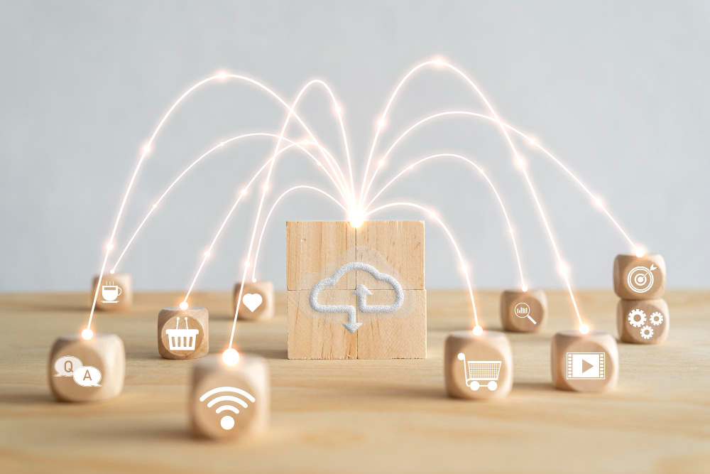 Photo virtual cloud computing are printed screen on wooden cubes block and connect line with others social media and online s