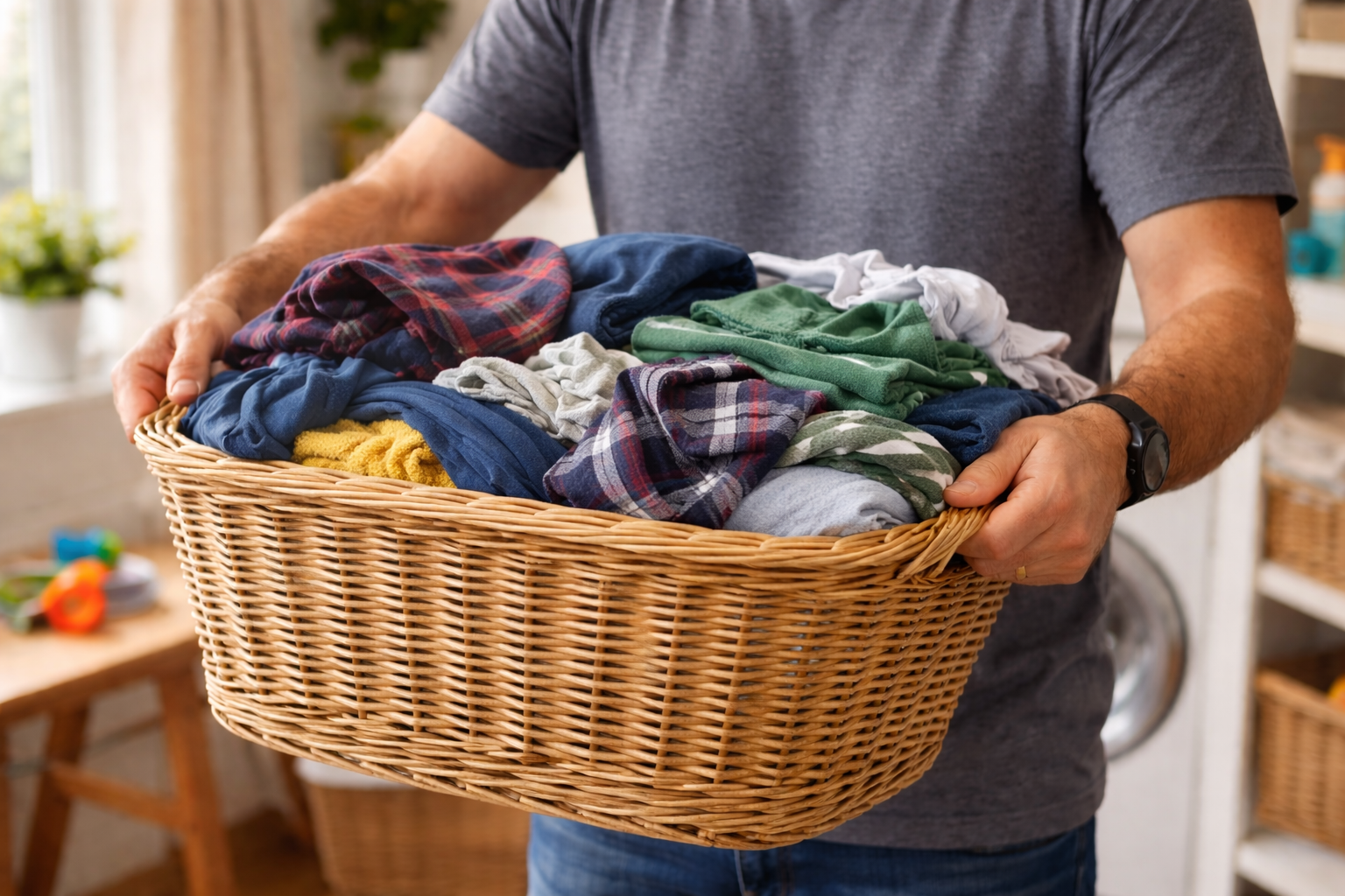 Basket of wrinkled clothes before using a steam iron for laundry