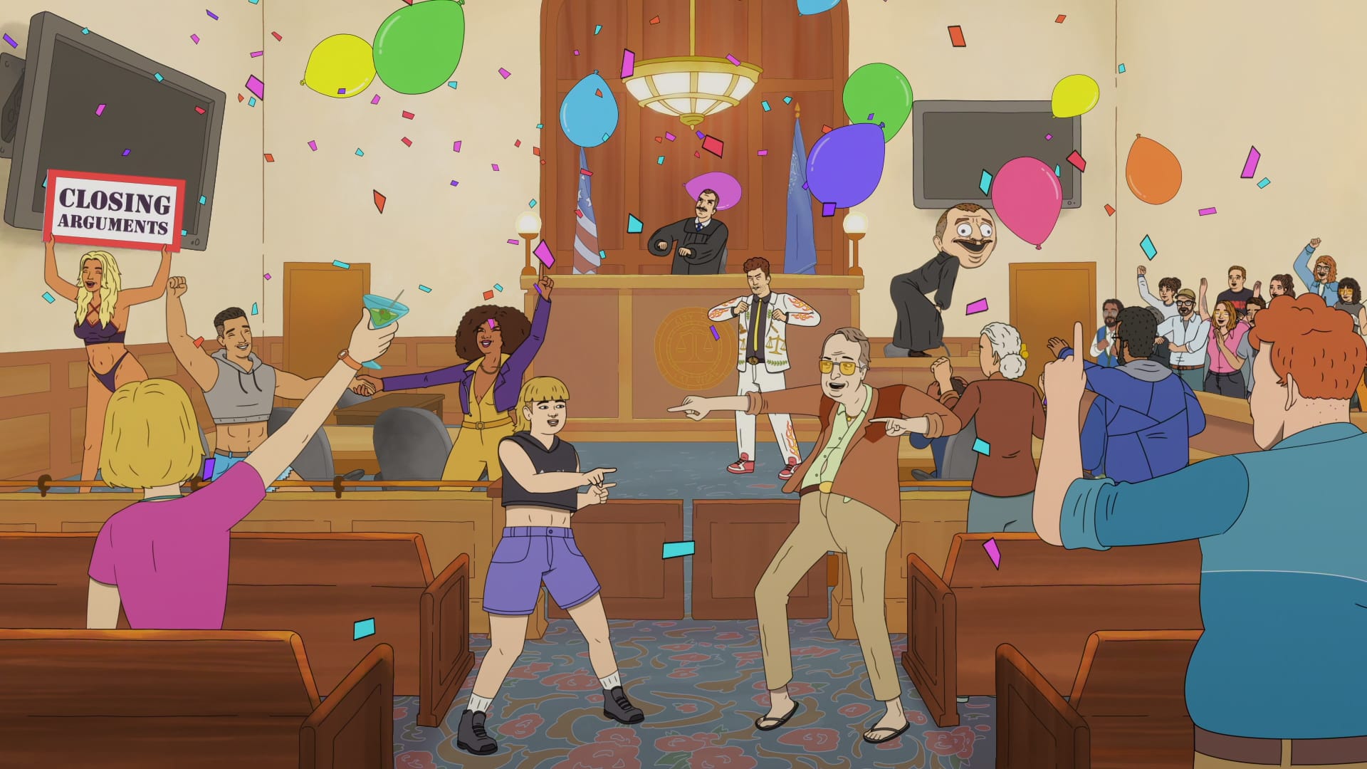 Animated courtroom chaos in Netflix’s Strip Law featuring adult humor, wild celebrations, and over-the-top legal antics.