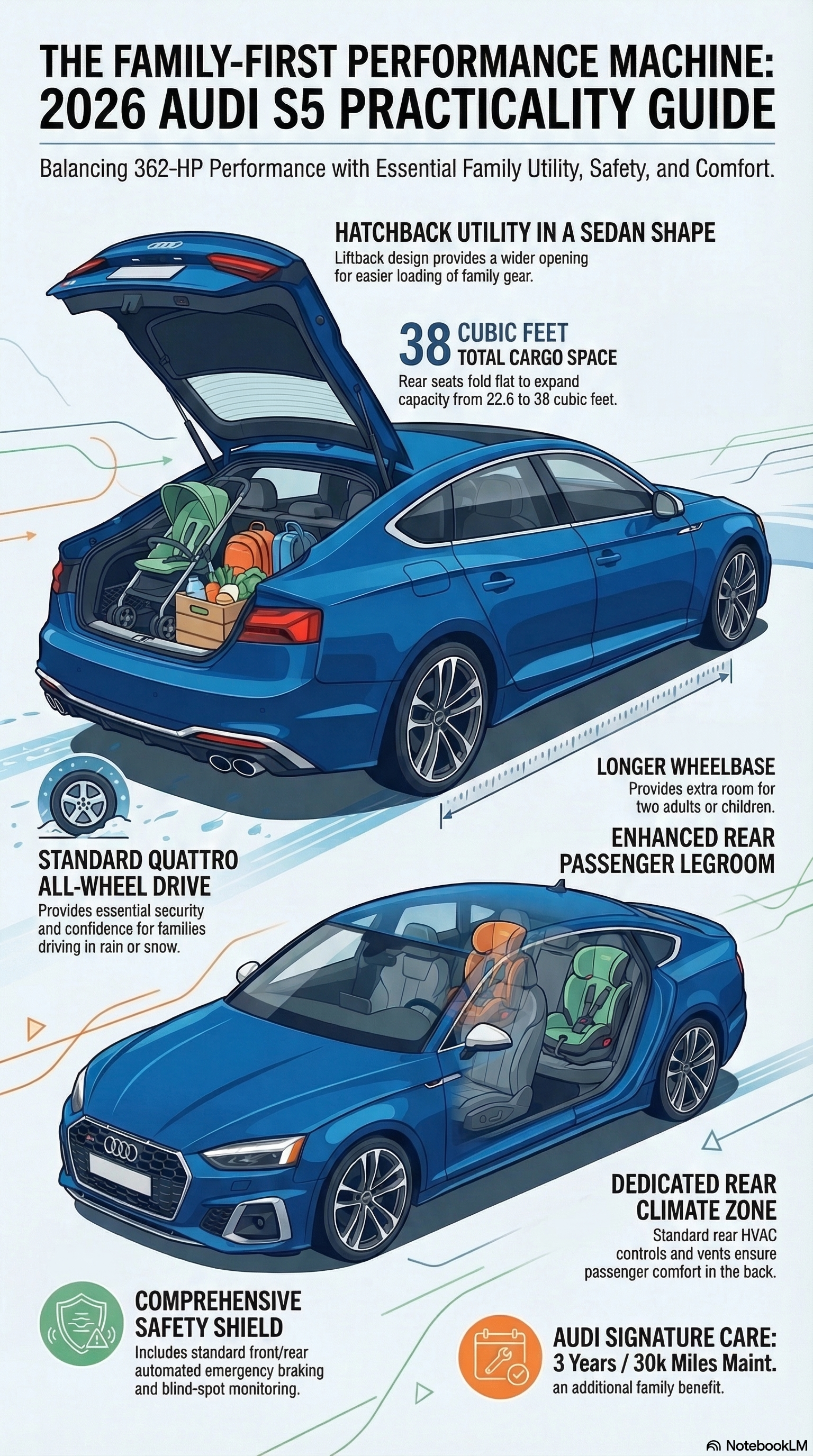 The 2026 Audi S5 with the rear liftback open, demonstrating how the hatchback design makes loading family gear easier.