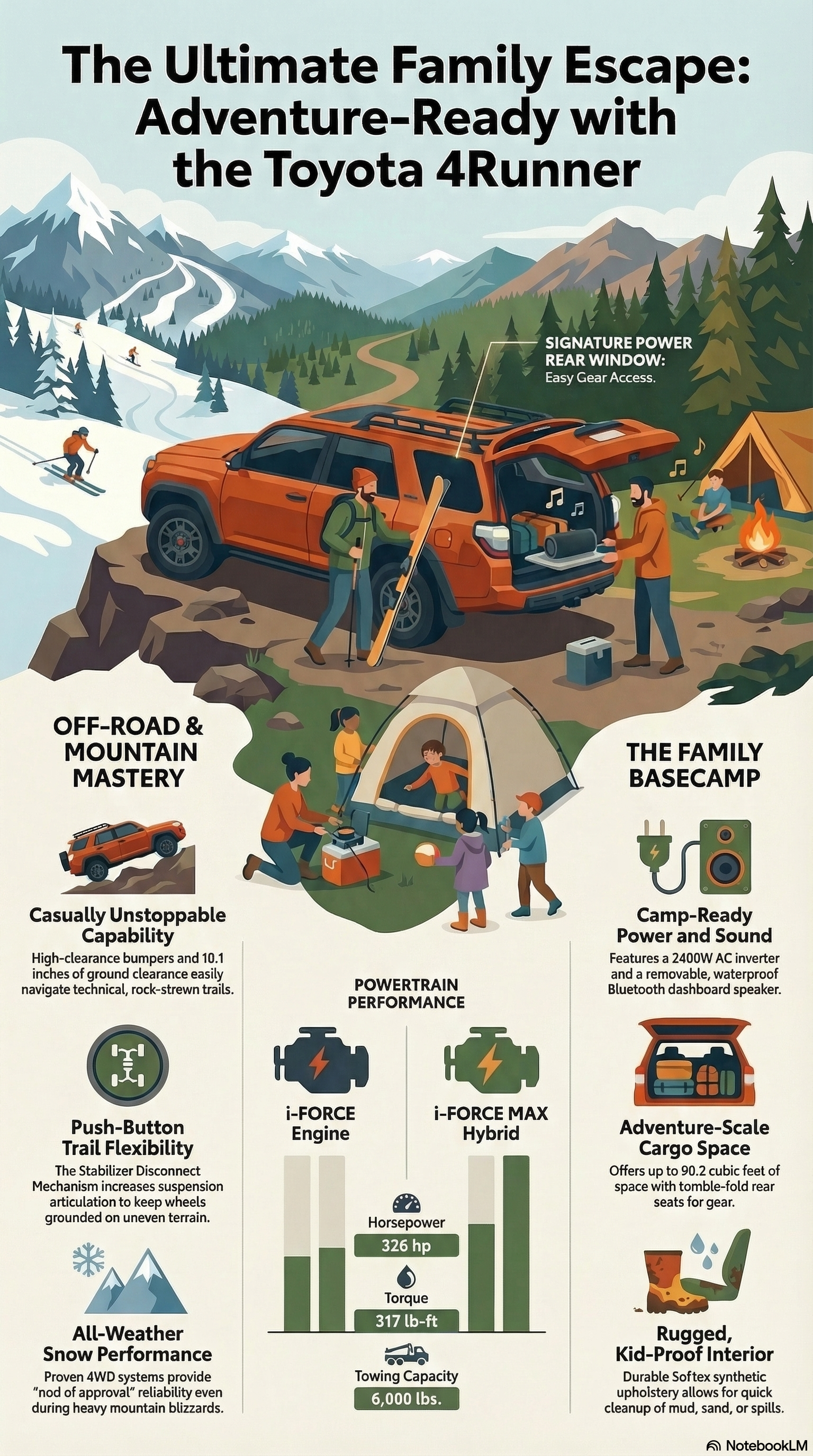 Infographic showing family camping adventure with the 2026 Toyota 4Runner highlighting off-road capability, cargo space, hybrid powertrain, and towing capacity.