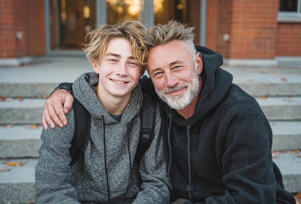 father and teenage son smiling together showing strong relationship and open communication
