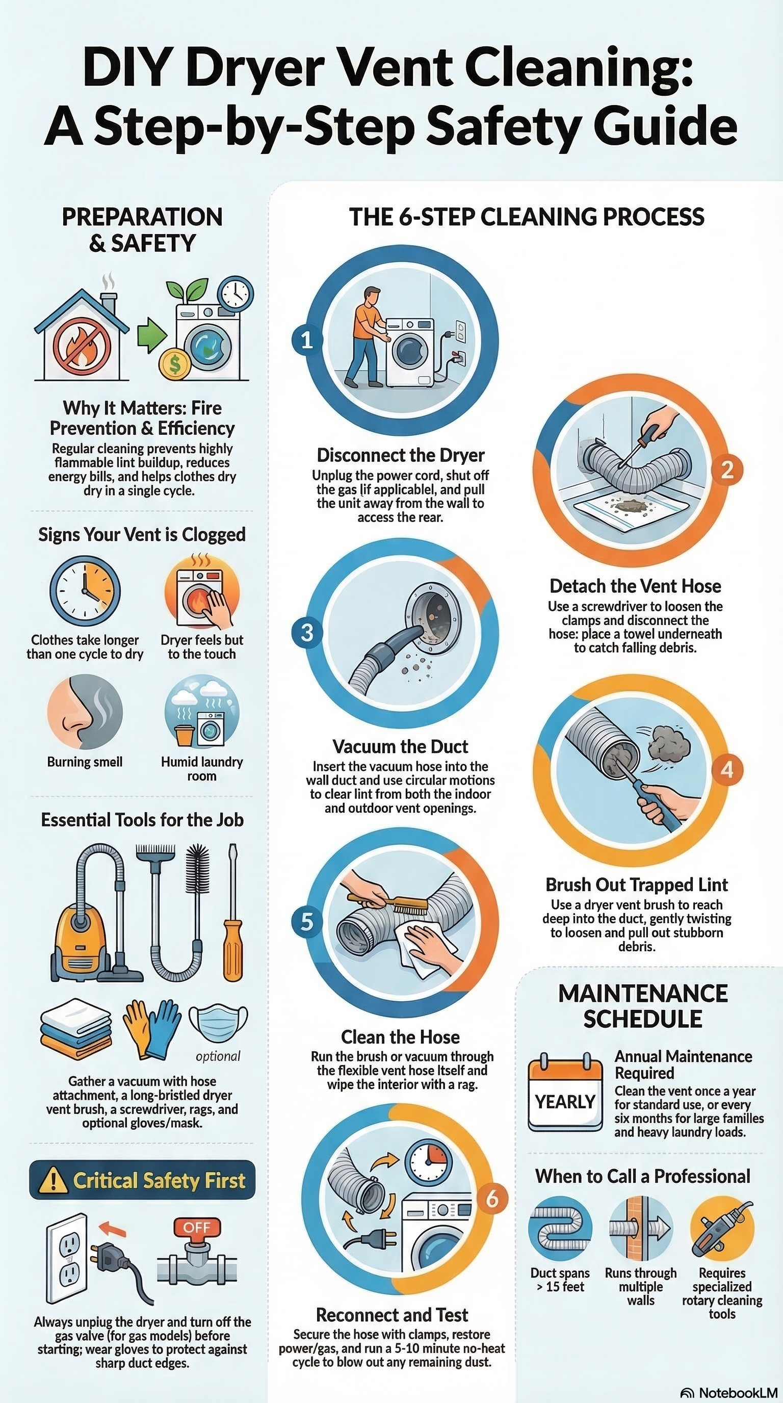 DIY dryer vent cleaning infographic showing the 6-step process to clean a dryer vent duct safely, including disconnecting the dryer, vacuuming the vent, brushing lint buildup, and reconnecting the unit.