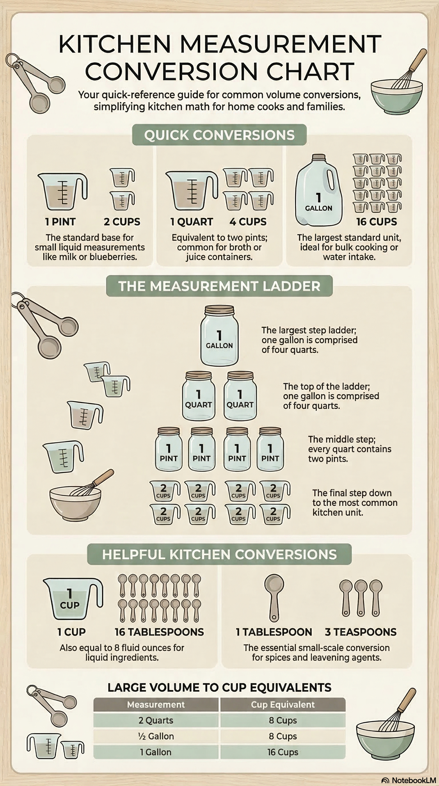Kitchen measurement conversion chart showing cups, pints, quarts, and gallons for easy cooking conversions