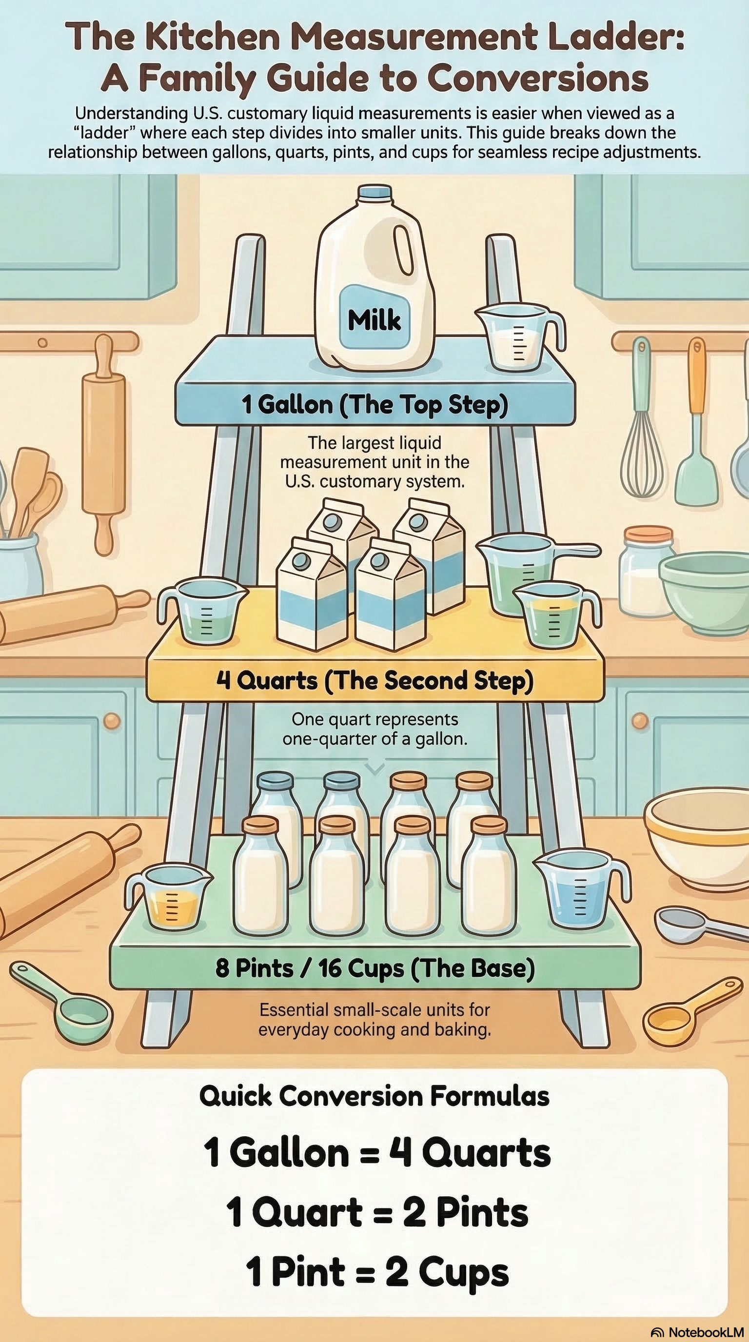 Infographic showing the kitchen measurement ladder with gallon, quart, pint, and cup conversions used in cooking