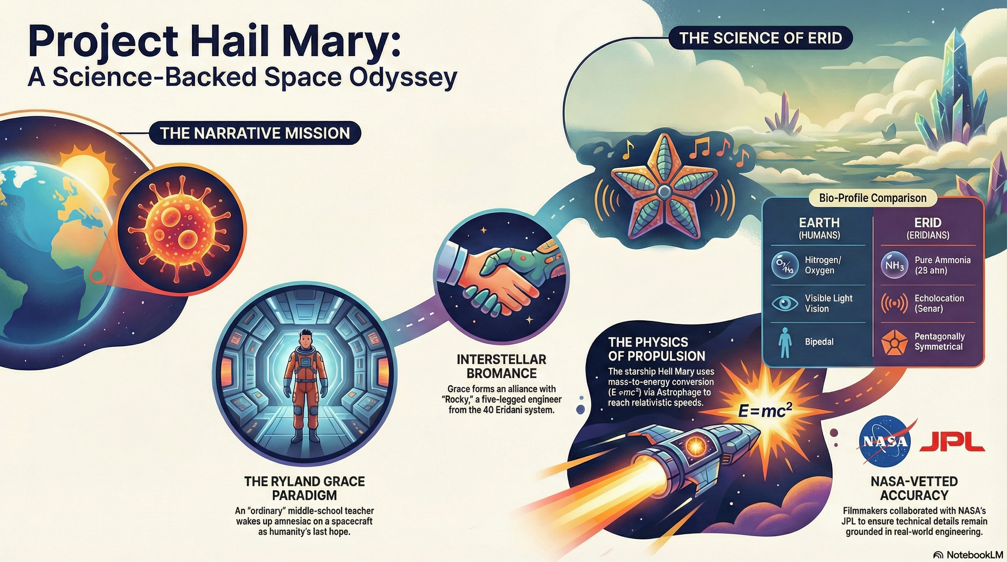 Project Hail Mary infographic explaining Erid alien biology, propulsion physics, and Earth comparison
