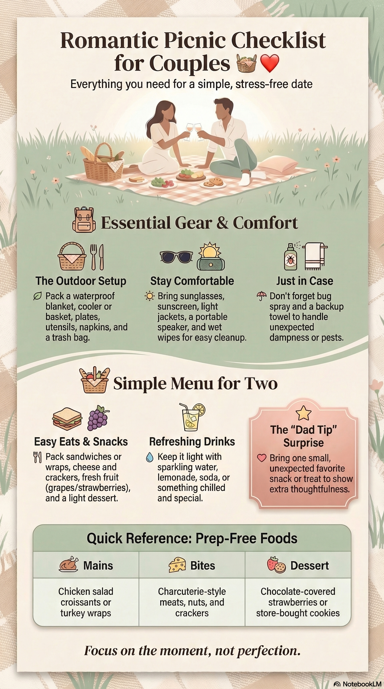 Romantic picnic checklist for couples including food, drinks, essentials, and setup items for an easy outdoor date
