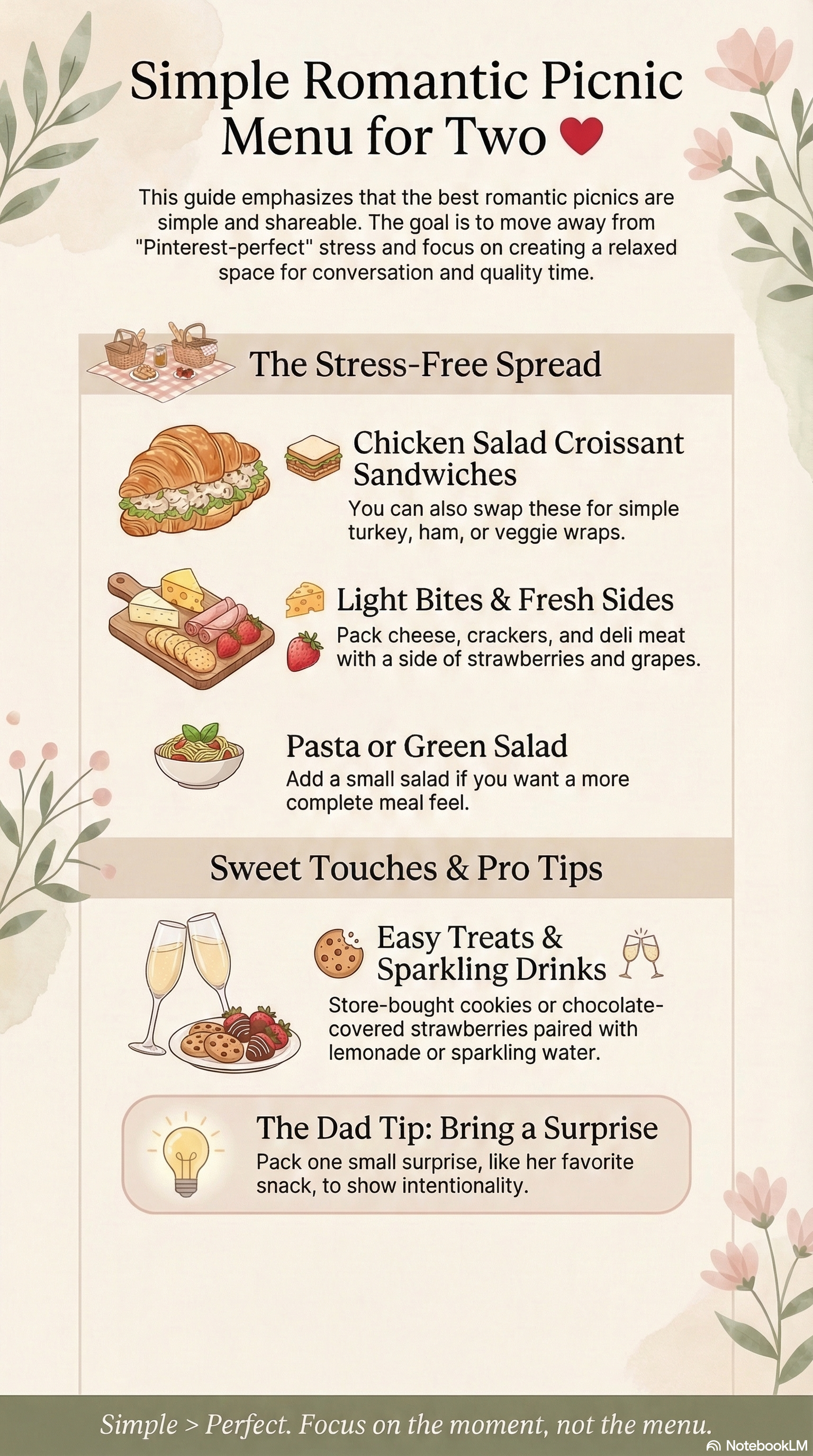 Simple romantic picnic menu for two including sandwiches, fruit, charcuterie snacks, dessert, and drinks for an easy date idea
