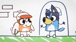 Hand-drawn illustration of Bluey standing next to another character, both smiling, styled like a child’s drawing with simple lines and bright colors.