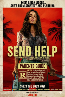 Send Help 2026 movie poster featuring Rachel McAdams as Linda Liddle holding a knife on a tropical island