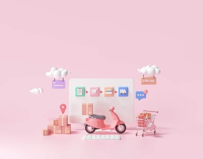 3d fast delivery service, packaging deliver by scooter concept, online shopping.