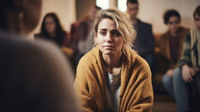 Sad depressed Woman at support group meeting for mental health and addiction issues in anonymous community space with many pe
