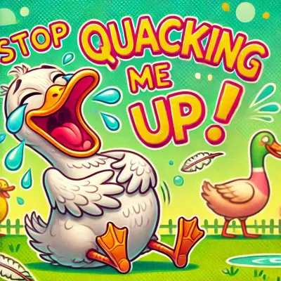 A humorous and colorful duck pun cartoon-style illustration of a duck laughing hysterically, holding its belly with tears of