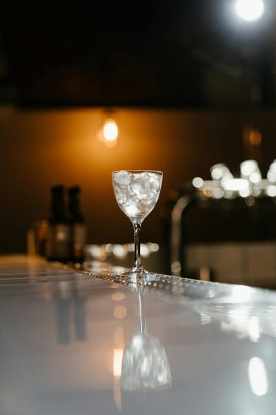 A sophisticated wine glass filled with ice against a warm, dimly lit bar backdrop.