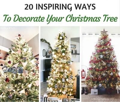 Collage of five beautifully decorated Christmas trees, showcasing 20 inspiring ways to decorate your Christmas tree, featurin