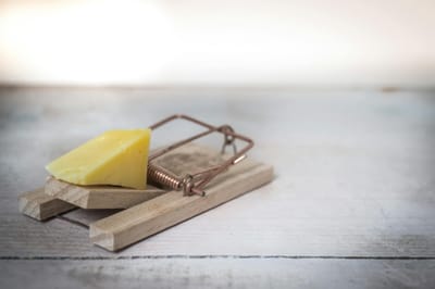 Close-up of a wooden mousetrap with a piece of cheese on a rustic table surface.