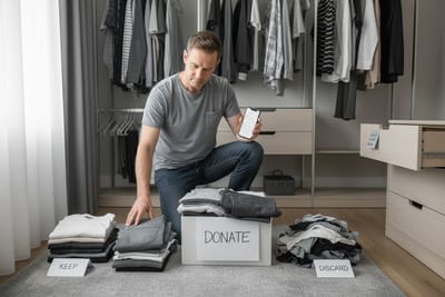 Man organizing clothes into keep, donate, and discard piles in a closet while holding a smartphone