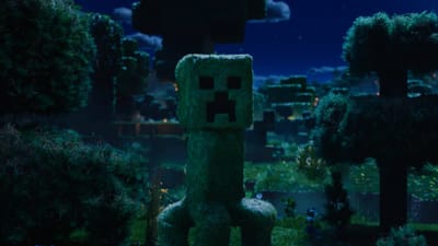 A green Creeper, the infamous Minecraft enemy, lurks ominously in a lush, blocky forest under moonlight.