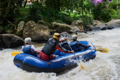 Nature will offer some of the best adventures shot of a group of young male friends white water rafting