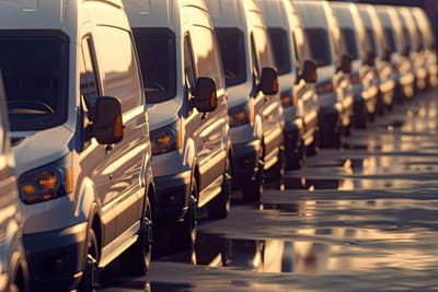 Delivery vans are parked in rows Commercial Shipping service company delivery of vans in a row