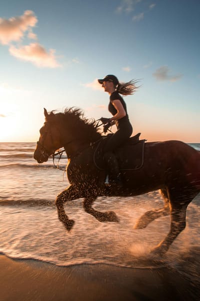 Woman in Black Shirt Riding Brown Horse on Beach