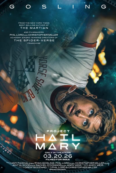 Ryan Gosling floating upside down in the official Project Hail Mary 2026 movie poster filmed for IMAX