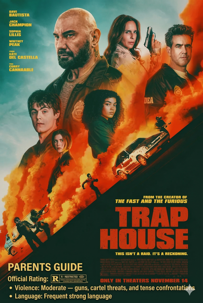 Trap House parents guide movie poster featuring Dave Bautista with cartel crime scenes and rating details for violence and language