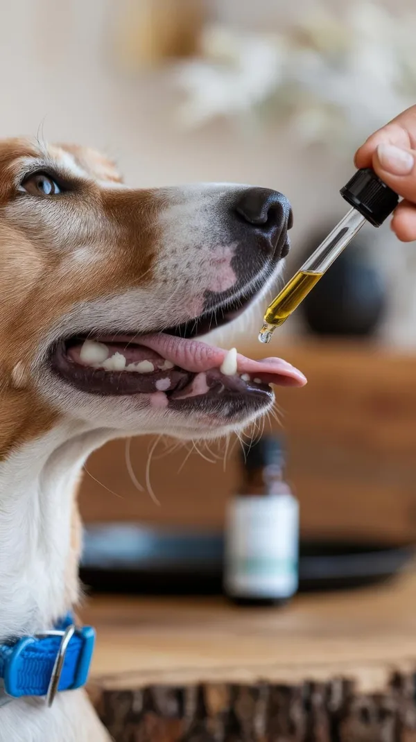 Dog taking essential oil from dropper nutritional supplements for pet