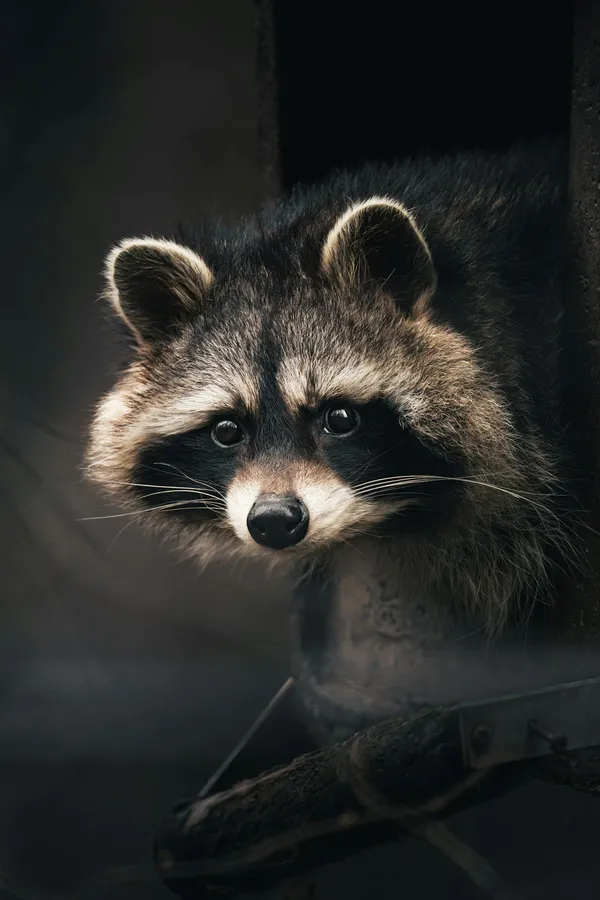 A curious raccoon peeking out from a dark area, showcasing its distinct markings.