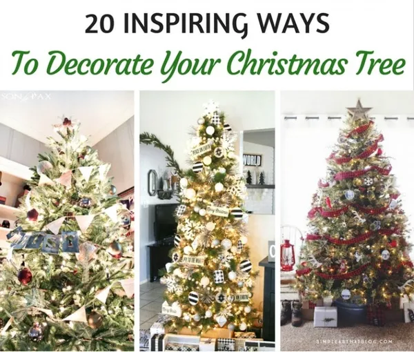 Collage of five beautifully decorated Christmas trees, showcasing 20 inspiring ways to decorate your Christmas tree, featurin