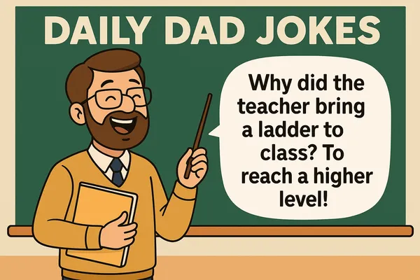 Cartoon teacher with glasses and beard holding a folder and pointer in front of a chalkboard, with a speech bubble that says: