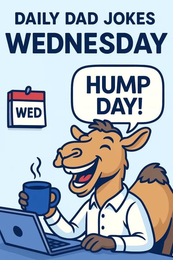 Cartoon camel in a dress shirt at a desk with coffee and laptop, saying ‘Guess what day it is? Hump Day!’ with a wall calenda