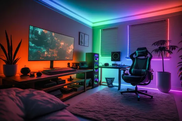 Photo games room illuminated with leds created with generative ai technology