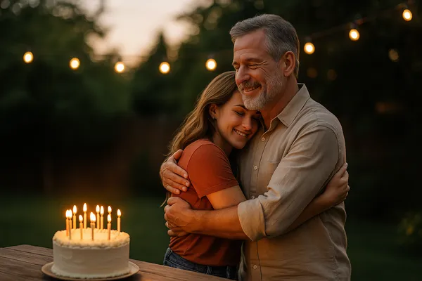 Adult daughter hugs her dad beside a candlelit birthday cake in a backyard at dusk under string lights.