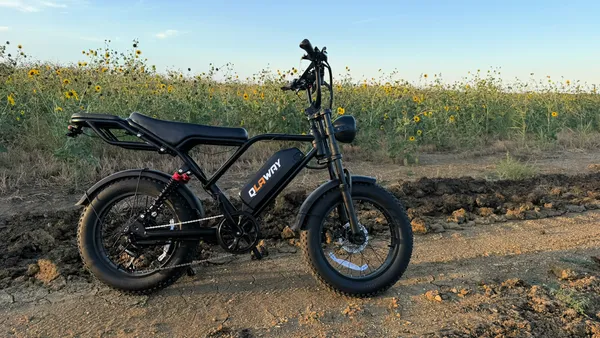 Full left-side view on a rural trail—battery in the frame triangle, dual suspension, and wide tires against a sunflower backdrop.