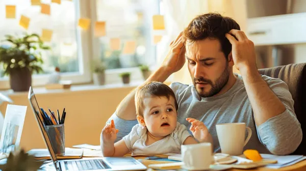 Overwhelmed Man Juggling Parenting and Work at Home